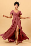 A-Line V Neck Ruched Long Chiffon Bridesmaid Dress with Slit