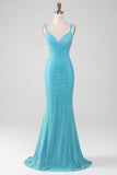 Turquoise Mermaid Spaghetti Straps Long Sparkly Prom Dress With Beading