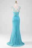 Turquoise Mermaid Spaghetti Straps Long Sparkly Prom Dress With Beading