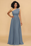 A Line One Shoulder Long Chiffon Bridesmaids Dress with Ruffles