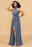 A Line Halter Ruched Floor Length Chiffon Bridesmaid Dress with Slit