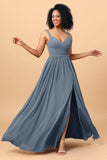 Spaghetti Straps Long Chiffon Bridesmaid Dress with Slit