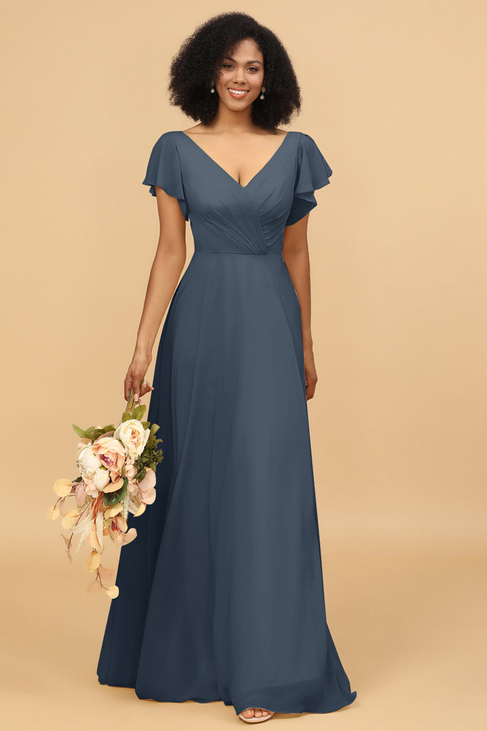 V-Neck Cape Long Floor Length Chiffon Bridesmaid Dress