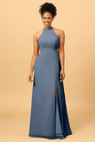 Sheath Halter Floor Length Open Back Chiffon Bridesmaid Dress with Slit