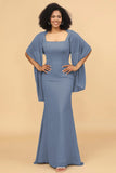 Mermaid Square Neck Long Chiffon Bridesmaid Dress with Cape