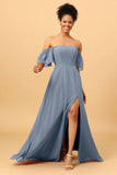 A Line Off the Shoulder Long Chiffon Bridesmaid Dress with Slit