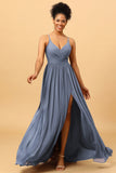 A-Line Spaghetti Straps Ruched Long Chiffon Bridesmaid Dress with Slit