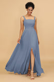 Sheath Square Neck Floor Length Chiffon Bridesmaid Dress