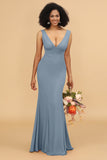 Mermaid V-neck Open Back Long Chiffon Bridesmaid Dress With Ruffles