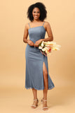 Sheath Spaghetti Straps Midi Chiffon Bridesmaid Dress with Slit