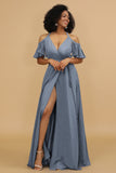 A Line Halter Cold Shoulder Chiffon Bridesmaid Dress with Slit