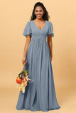 A Line V Neck Short Sleeves Chiffon Long Bridesmaid Dress