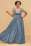 A Line Deep V-Neck Backless Floor Length Bridesmaid Dress