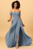 A Line Off the Shoulder Ruched Chiffon Bridesmaid Dress with Slit