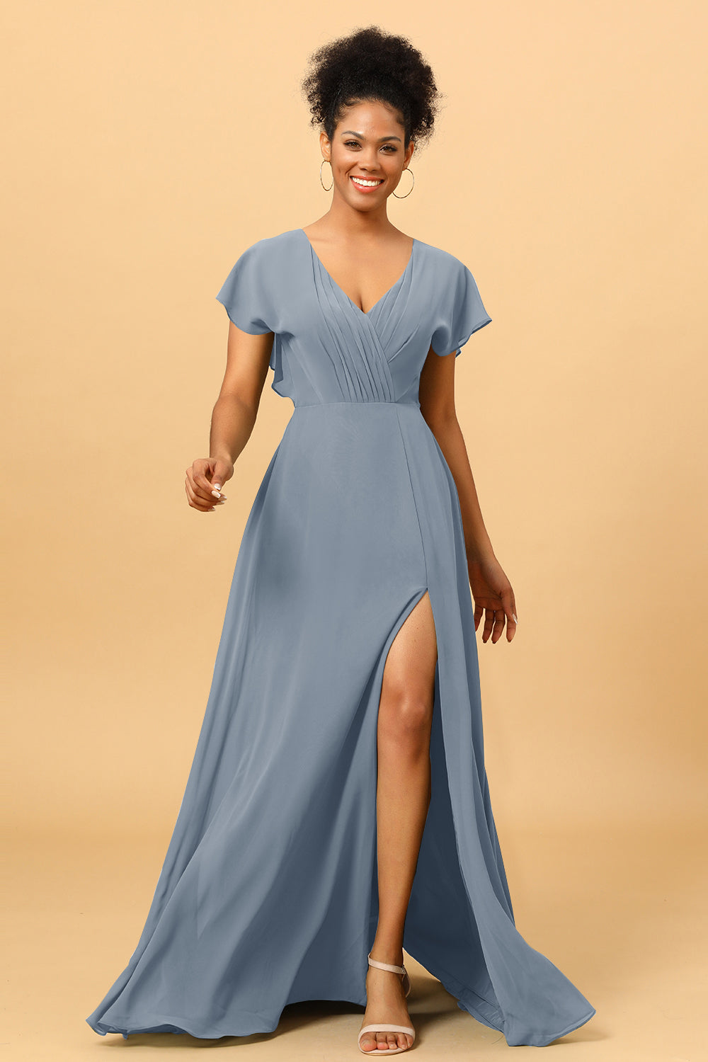Wedtrend Women Bridesmaids A Line V-Neck Ruched Long Chiffon Bridesmaid Dress with Slit, Twilight Wedtrend Women Bridesmaids A Line V-Neck Ruched Long Chiffon Bridesmaid Dress with Slit, Twilight