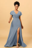 A Line V-Neck Ruched Chiffon Bridesmaid Dress with Slit