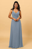 A Line V Neck Spaghetti Straps Floor Length Long Chiffon Bridesmaid Dress