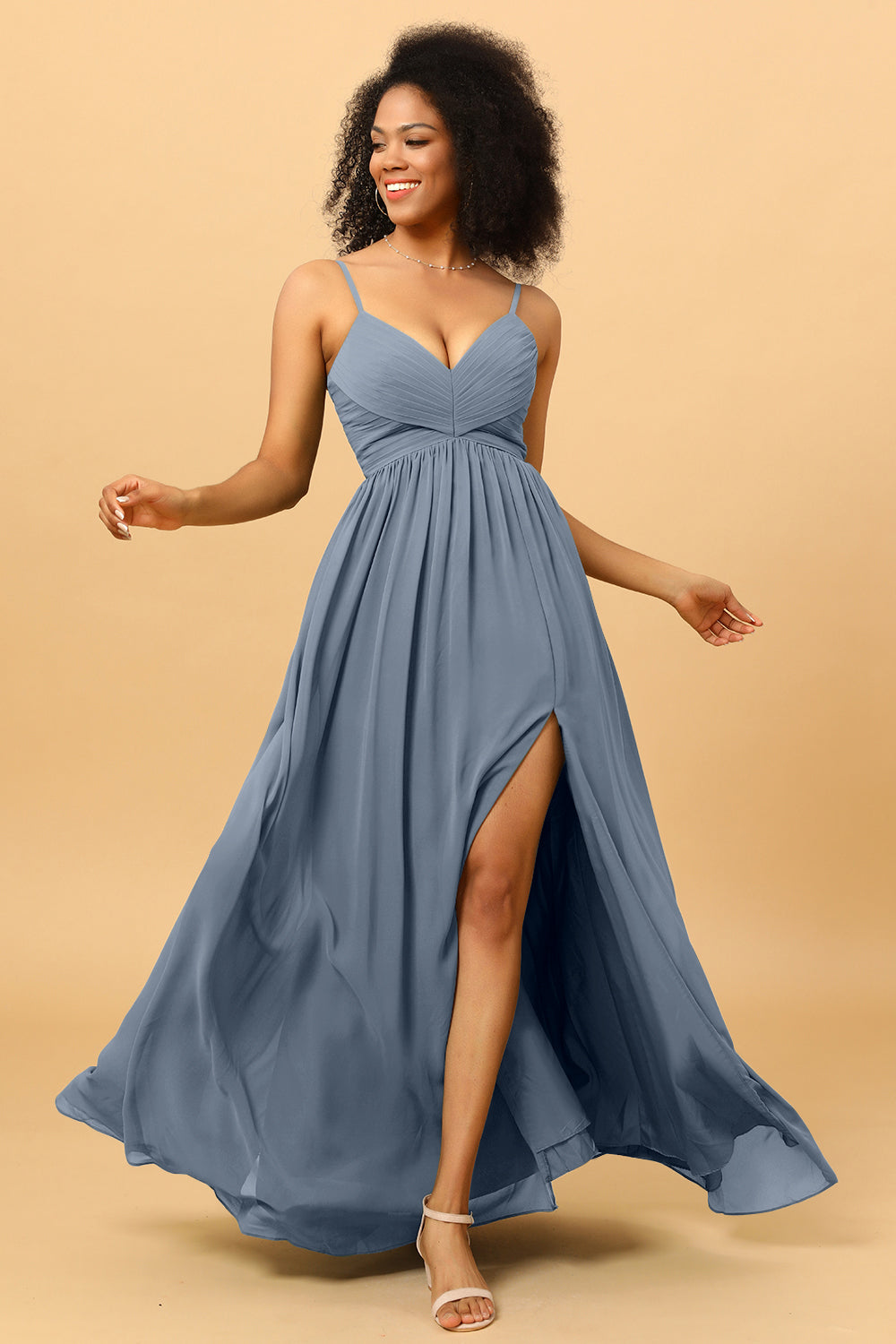 Wedtrend Women Bridesmaids A Line Spaghetti Straps Ruched Long Chiffon Wedding Party Formal Bridesmaid Dress with Slit, Dusty Blue