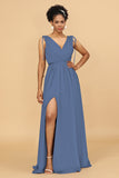 A Line Ruched V-Neck Sleeveless Chiffon Bridesmaid Dress with Slit