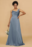 A Line Asymmetrical Neck Satin Floor Length Bridesmaid Dress