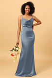 Mermaid Cowl Neckline Spaghetti Straps Long Satin Bridesmaid Dress