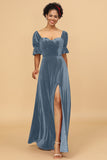 A Line Sweetheart Flare Sleeves Velvet Bridesmaid Dress with Slit