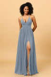 A Line V Neck Spaghetti Straps Chiffon Bridesmaid Dress with Slit