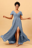 A-Line V Neck Ruched Long Chiffon Bridesmaid Dress with Slit