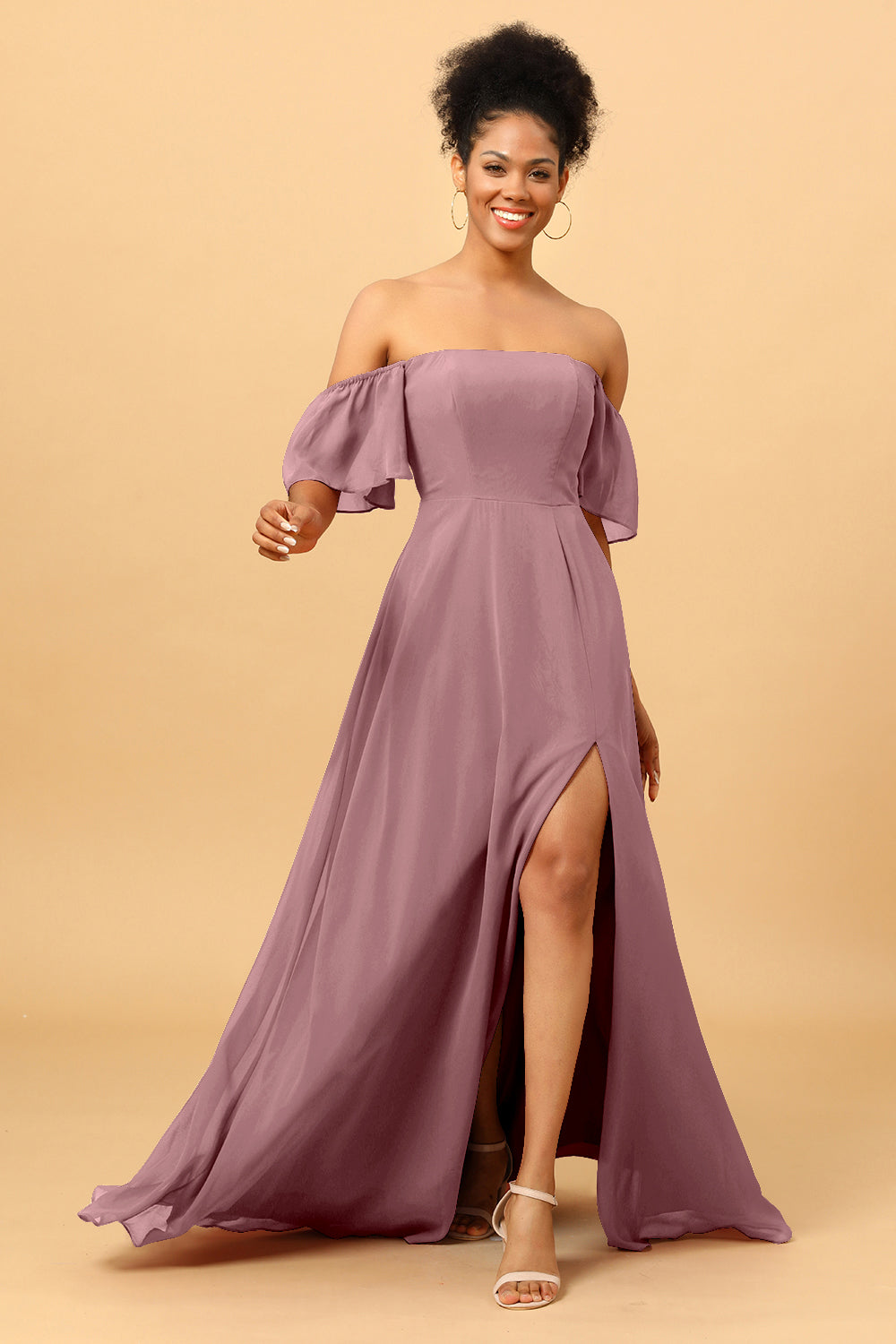 A Line Off the Shoulder Long Chiffon Bridesmaid Dress with Slit