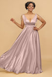 A Line Deep V-Neck Backless Floor Length Bridesmaid Dress