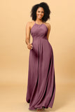 Sheath Halter Open Back Long Chiffon Bridesmaid Dress