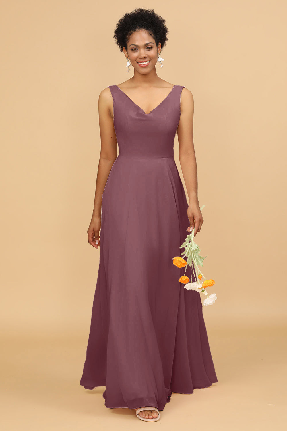 A Line V Neck Backless Chiffon Long Bridesmaid Dress