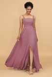 Sheath Square Neck Floor Length Chiffon Bridesmaid Dress