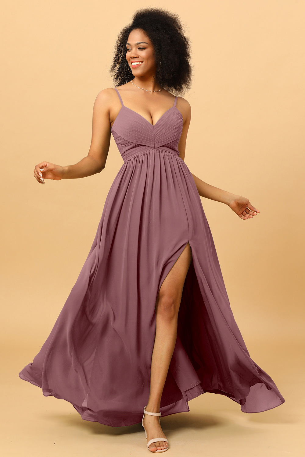 A Line Spaghetti Straps Ruched Long Chiffon Bridesmaid Dress with Slit