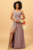 A Line Spaghetti Straps V Neck Chiffon Ruffled Long Bridesmaid Dress with Slit