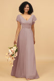 V-Neck Cape Long Floor Length Chiffon Bridesmaid Dress