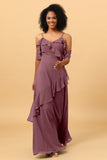 A Line Spaghetti Straps Long Chiffon Bridesmaid Dress with Ruffles