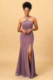 Mermaid Halter Long Chiffon Bridesmaid Dress with Slit