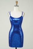 Royal Blue Sheath Spaghetti Straps Tight Sequins Backless Short Homecoming Dress