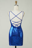 Royal Blue Sheath Spaghetti Straps Tight Sequins Backless Short Homecoming Dress