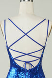 Royal Blue Sheath Spaghetti Straps Tight Sequins Backless Short Homecoming Dress