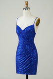 Sparkly Royal Blue Bodycon Spaghetti Straps Sequins Short Homecoming Dress