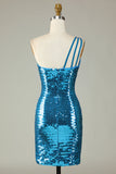 Glitter Royal Blue Sheath One Shoulder Sequins Tight Homecoming Dress