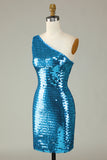 Glitter Royal Blue Sheath One Shoulder Sequins Tight Homecoming Dress