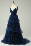 Navy A Line Spaghetti Straps Long Tulle Prom Dress with Ruffles