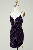 Sparkly Purple Sheath Backless Sequins Tight Short Homecoming Dress with Slit