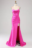 Stunning Fuchsia Mermaid Spaghetti Straps Corset Prom Dress with Split Front