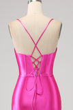 Stunning Fuchsia Mermaid Spaghetti Straps Corset Prom Dress with Split Front