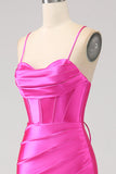 Stunning Fuchsia Mermaid Spaghetti Straps Corset Prom Dress with Split Front