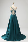 Peacock Green A-Line Spaghetti Straps Backless Prom Dress with Slit